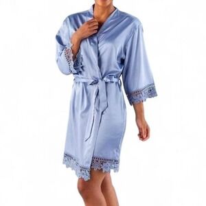 Dusty Blue satin robe with lace trim loungewear